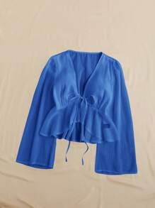 Soleia V-Neck Flare Sleeve Ruffle Hem Casual Blouse For Autumn