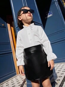 SHEIN Young Girl 2 Pieces Set, Solid Color Ruffle Collar Long Sleeve Blouse And PU Leather Mini Skirt, Fashion Autumn Outfit
