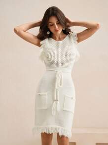 Anewsta 杏色孔眼无袖连衣裙，夏季、情人节、约会之夜、海滩度假装 - 白色 - 查看 3