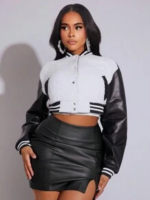 BamGleam Chaqueta informal de béisbol de mujer con parches de piel sintética y contraste de color, versátil y sexy de corte bomber