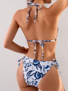 Swim Vcay 女士花卉印花吊带连体泳衣 夏季 - 藍白色 - 查看 2