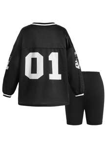 Tween Girl Phoenix & Number Print V-Neck Loose Long Sleeve T-Shirt And Super Short Leggings Sports 2pcs Set - Black - View 2