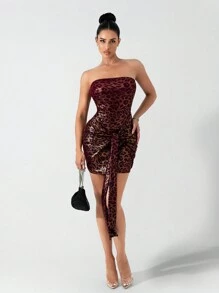 Zolique Women's Elegant Sexy Fashion Gold-Plated Fabric Leopard Print Strapless Mini Dress