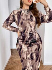 SHEIN Clasi 大码秋季时尚扎染褶饰修身长裙