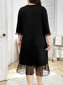 INS Casual Letter Print Lace Patchwork Design Dress - Black - View 2