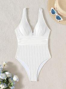Swim Basics Traje de baño de una pieza elegante con cuello en V y tirantes gruesos para el verano - Blanco - Ver 8