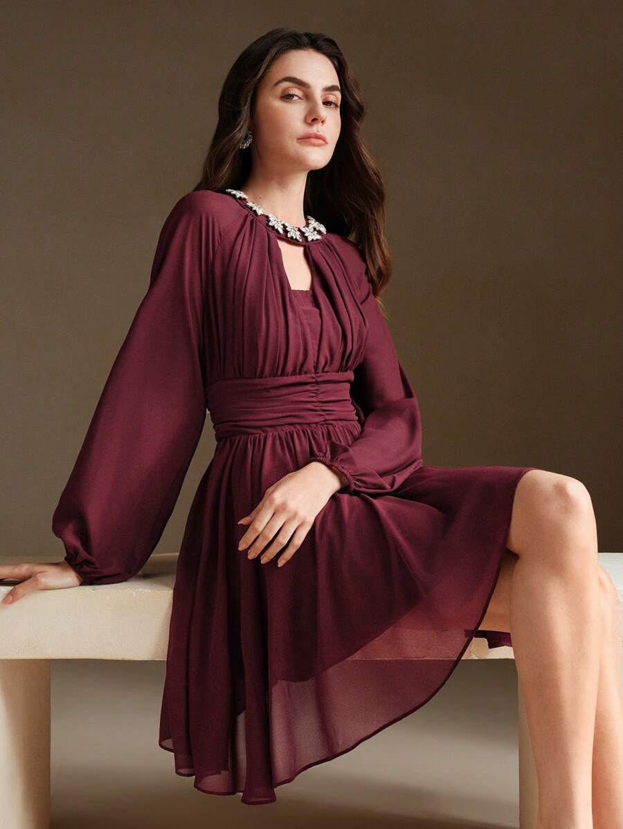 Anewsta 优雅雪纺城市砖图案长袖连衣裙