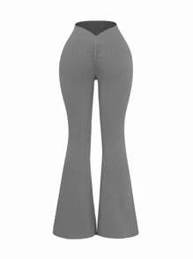 Gameset SHEIN Sport 女士纯色褶皱喇叭腿瑜伽裤，休闲和健身 - 深灰色 - 查看 3