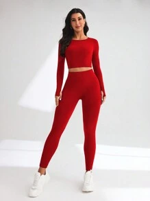 SHEIN Core Rhythm Bộ đồ tập luyện cho nữ, áo thun thể thao dài tay cổ tròn màu trơn và quần legging Bộ đồ tập luyện cho nữ Bộ đồ tập luyện cho nữ - Đỏ - Xem 6