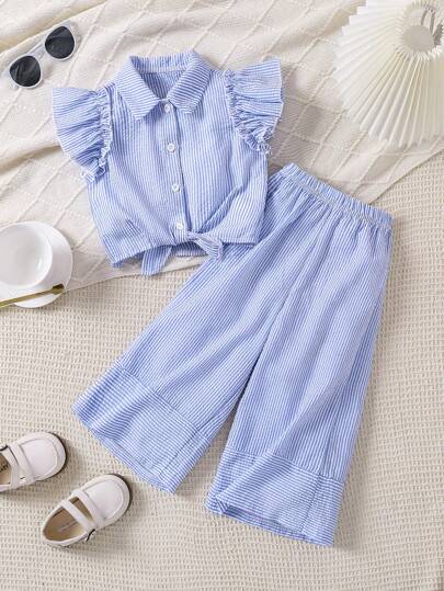 SHEIN 2pcs/Set Young Girl Front Button Striped Minimalist Top & Pants Set