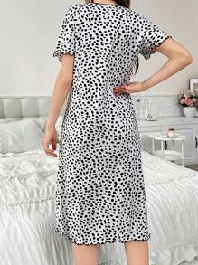 Polka Dot Ribbed Knit Loose Short Sleeve Hemmed Nightgown For Women