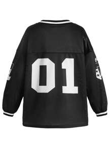 Tween Girl Phoenix & Number Print V-Neck Loose Long Sleeve T-Shirt And Super Short Leggings Sports 2pcs Set - Black - View 4