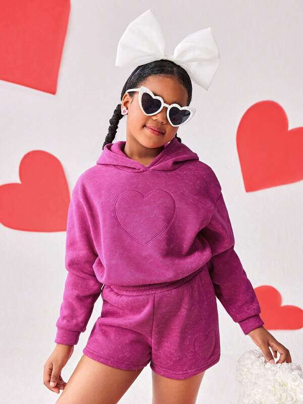 Tween Girls Sets, Streecool Tween Girl Style, Pink Hoodie And Shorts 2 Pieces Set, Heart Printed Garment Wash Design, Fashionable For School, Outings, All Seasons