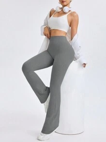 Gameset SHEIN Sport 女士纯色褶皱喇叭腿瑜伽裤，休闲和健身 - 深灰色 - 查看 6