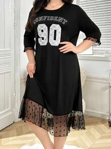 INS Casual Letter Print Lace Patchwork Design Dress - Black - View 3