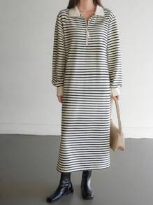 Dazy-Less Striped Half-Placket Pullover Dress For Women,Casual Women Dresses