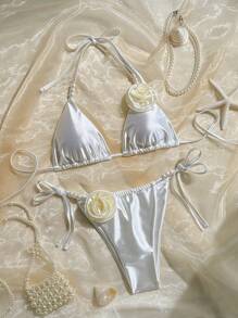 2 件套夏季海滩女士白色吊带花卉 3D 三角性感比基尼套装