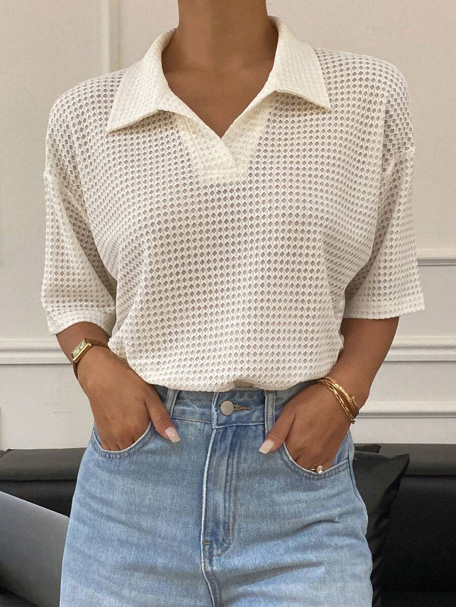 Livesso Women's Casual Basic Polo Collar Loose Plain Textured T-Shirt - Beige - View 1