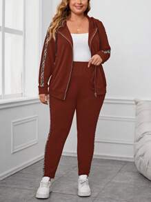 EMERY ROSE Conjunto informal de 2 piezas de talla grande para mujer con sudadera con capucha con cremallera y pantalones en estampado de leopardo y diseño de parches