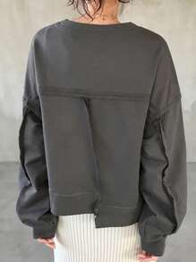 FRIFUL 女士休闲落肩长袖圆领宽松 T 恤，纯色，秋季 - 灰色 - 查看 4