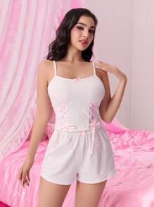 ROMWE Kawaii 浪漫情人节可爱针织罗纹蝴蝶结无袖上衣和短裤睡衣套装