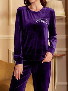 2pcs/Set Contrast Color Letter Embroidered Casual Velour Long Sleeve Top And Pants Set Cozy Outfit, Fall Winter Clothes, Fluffy Pajama - Purple - View 4