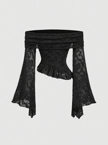 SHEIN MOD Lace Off Shoulder Ruffle Hem Bell Sleeve Women Top, Vintage, Party Women Top, New Year, Valentine Top - Black - View 2