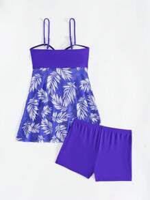 Swim Lushoire Vacation Beach Tropical Print Splicing Spaghetti Strap Swimsuit Set, Random Print Summer - Purple - View 7