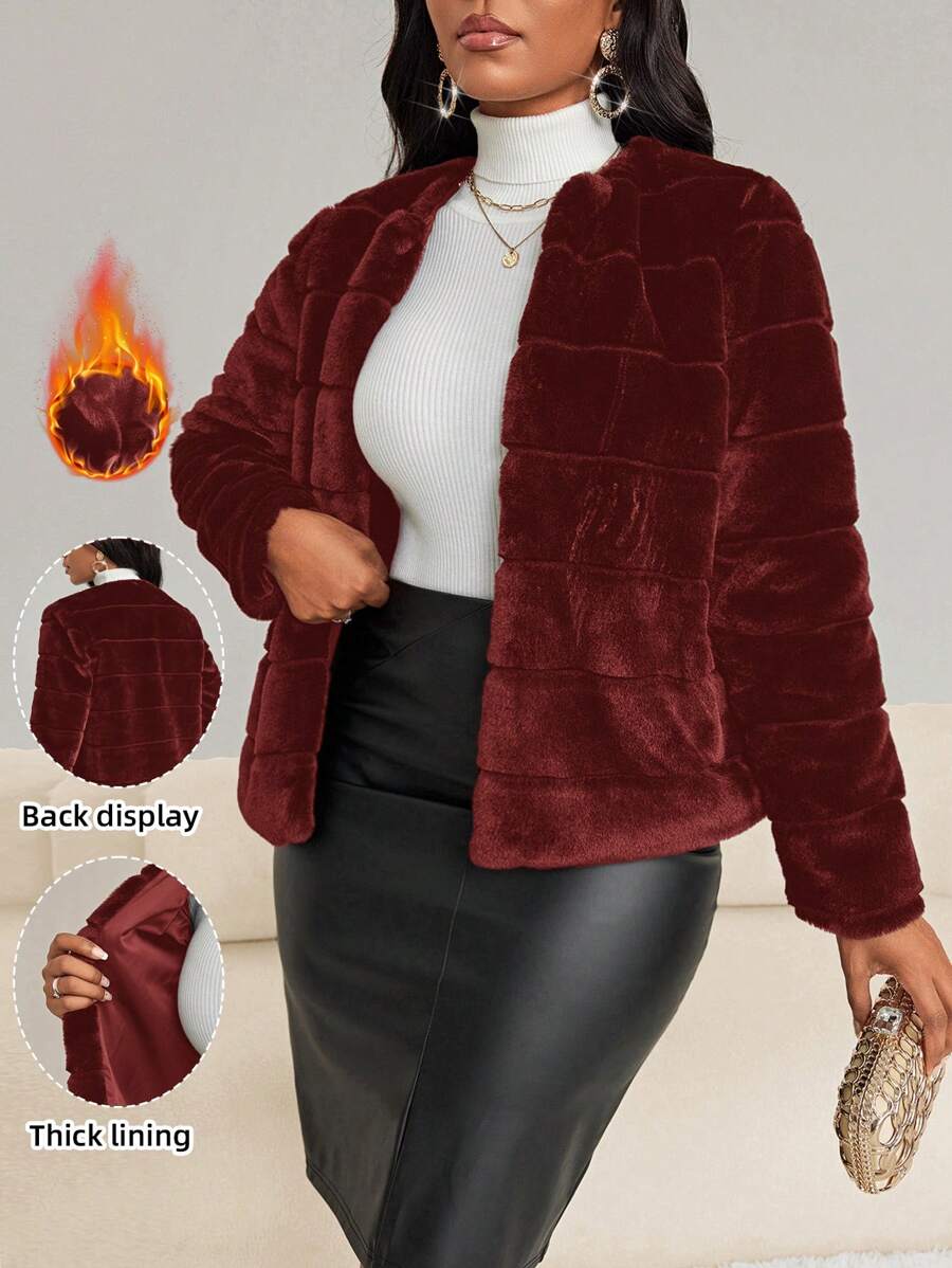 SHEIN Lady Women Fluffy Coats - Burgundy - View 1
