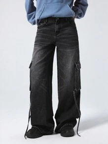 LYSMO Women's Cargo Pocket Wide Leg Loose Casual Denim Jeans