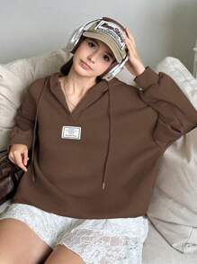 INAWLY Áo khoác nỉ dáng rộng, chi tiết khóa kéo, thích hợp cho mùa Thu/Đông. - Cà phê nâu - Xem 3