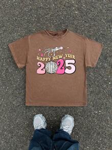 Manfinity ZONE917 Hommes Streetwear ample Y2K 2025 Nouvel An Motif de boule de poche de crâne de main de lampe de poche Lavage à la neige Surdimensionné T-Shirt Top - Marron - Voir 3