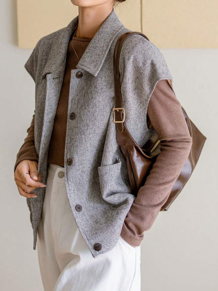 Loose Solid Color Vest-Style Women's Regular Jacket,Fall Clothes