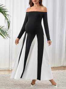 SHEIN 孕妇针织拼布 A 字形梭织连衣裙 - 黑色 - 查看 4