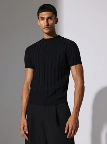 SUMWON Ribbed Knit Short Sleeve Muscle Fit Sweater Top Retro Classic Summer Lightweight Pullover Modern Business Casual Fashion