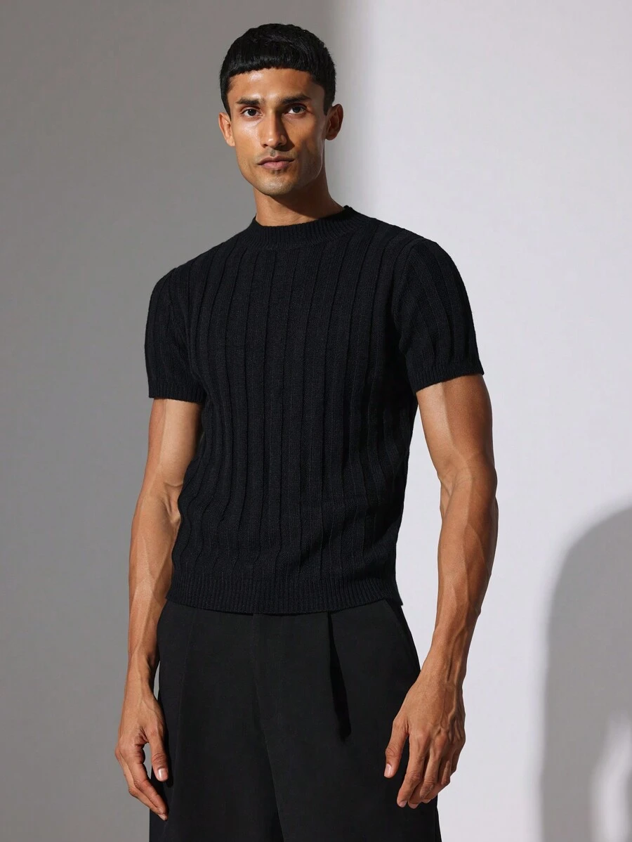 SUMWON Ribbed Knit Short Sleeve Muscle Fit Sweater Top Retro Classic Summer Lightweight Pullover Modern Business Casual Fashion