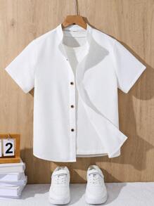 Tween Boy Casual Solid Color Bubble Crinkle Fabric Stand Collar Short Sleeve Shirt, Suitable For Autumn, Spring, Summer, Suitable For Outdoor Play, School, Street Photography, Party And Home Leisure