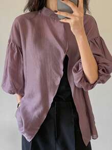 DAZY New Summer Women's Vacation Sheer Mesh Puff Sleeve Asymmetric Collar Loose Casual Shirt, Valentine's Day Long Sleeve Top