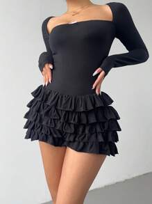 Aloruh Women's Sexy YTK Square Neck  Pink Bow Accent Ruffle Hem Long Sleeve Jumpsuit Long Sleeve Jumpsuit - Black - View 5