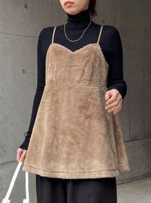 FRIFUL Women's Solid Color Plush Loose Camisole For Autumn/Winter - Khaki - View 4