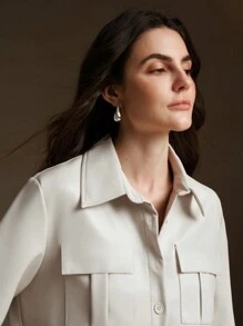 Anewsta Damen Retro Langarm Lederhemd, hochwertiges Gefühl - Beige - Übersicht 6