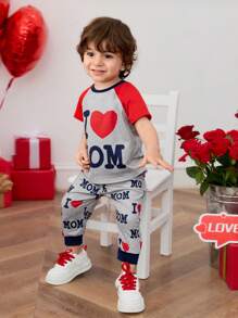 SHEIN Baby Boys Red Color Block Letter Heart Graphic Print Long Sleeve Top And Elastic Waist Pants 2 Pieces Outfit, Suitable For Spring, Autumn, Valentine's Day Party - Multicolor - View 5