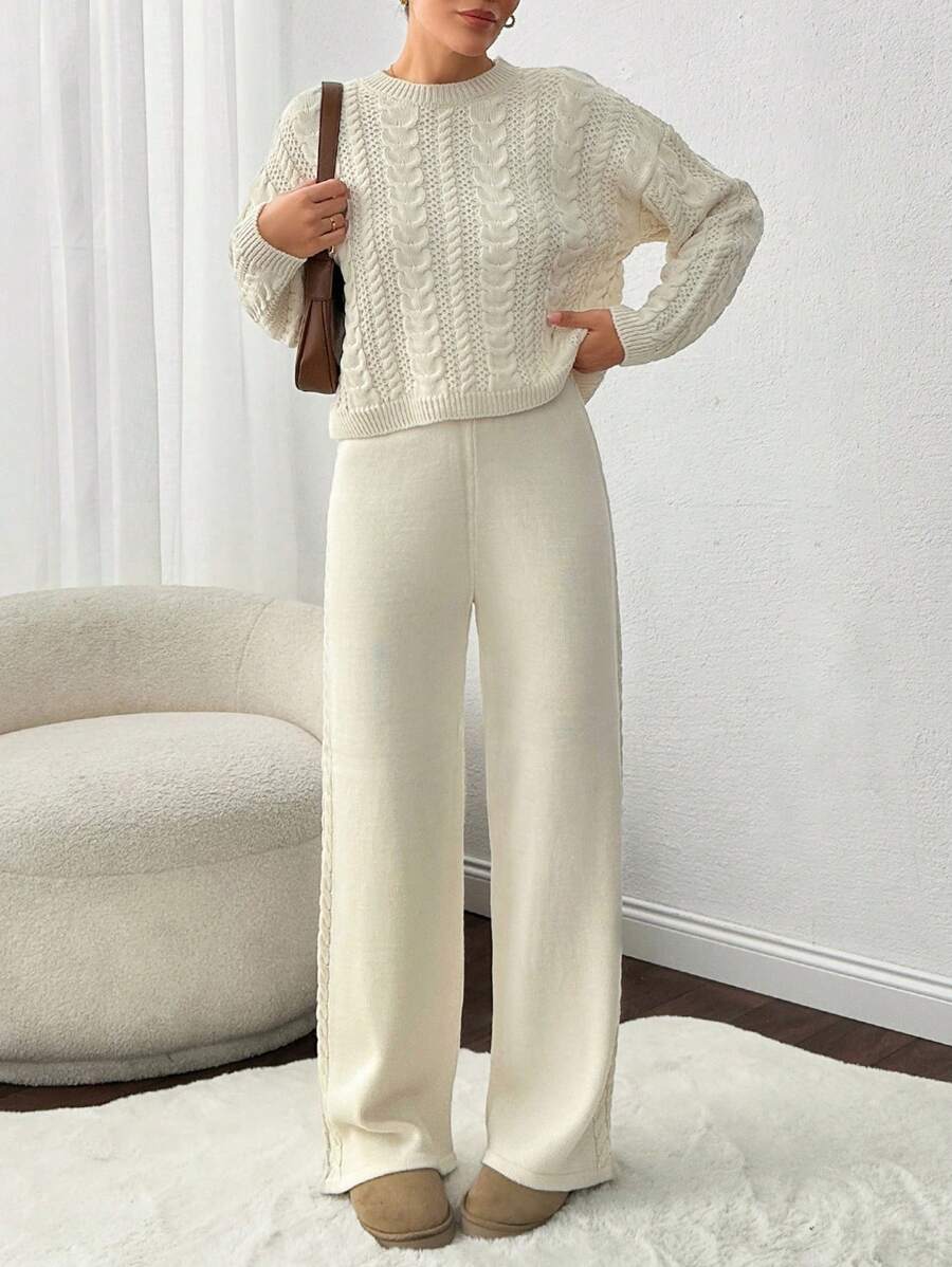 EURMUSE Women Round Neck Cable Knit Autumn/Winter Sweater And Sweater Pant 2 Two Piece Set - Cream - View 1
