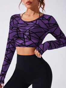 Women Round Neck Long Sleeve Geometric Pattern Casual Tops - Purple - View 4