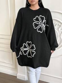 Mulvari 大码女式花卉图案圆领长袖毛衣，秋冬款