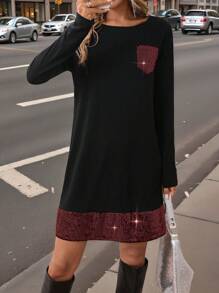 SHEIN LUNE Robe courte à manches longues, col rond, patchwork de perles pour femmes, pour l'automne