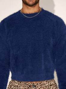 FeverCity Men's 5cm Faux Mink Fur Collar Loose Knit Long Sleeve Sweater, For Fall Winter - Navy Blue - View 2