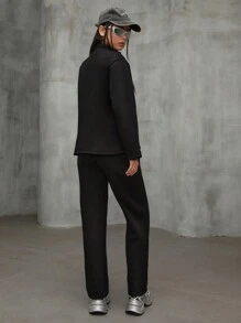 EURMUSE Casual Half Button Sweatshirt & Pants Set - Black - View 2