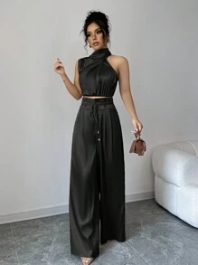 Firerie 2 件套女士扎染花卉印花优雅商务装领上衣和阔腿裤套装，轻便舒适的教师制服 - 黑色 - 查看 3