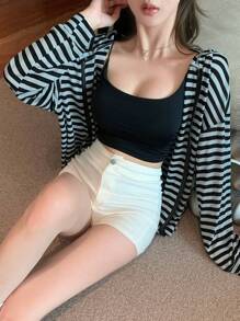 DAZY Women's Striped Open Front Cruise Holiday Loose T-Shirt,Fall Clothes
